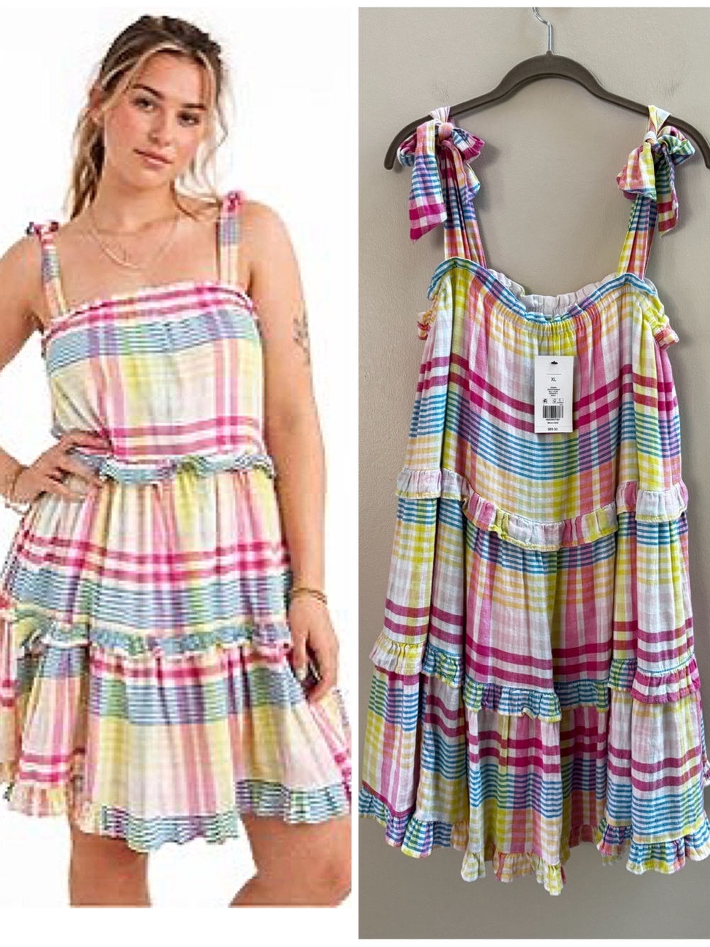 Crown & Ivy Pastel Plaid Summer Flowy Dress XL NWT